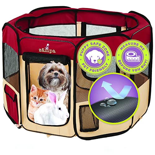 Zampa Puppy Pop Up Portable Playpen for Dog and Cat, Foldable | Indoor/Outdoor Kitten Pen & Travel Pet Carrier + Carrying Case (Red, Small (36"x36"x24"))