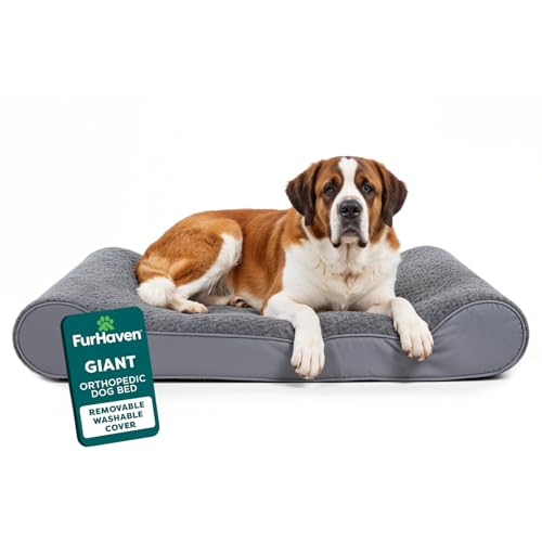 Furhaven Orthopedic Dog Bed for Extra Large Dogs w/ Removable Washable Cover, For Dogs Up to 180 lbs - Ultra Plush Faux Fur & Suede Luxe Lounger Contour Mattress - Gray, Giant/XXXL