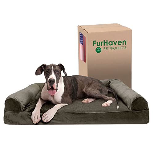 Furhaven Memory Foam Dog Bed for Large Dogs w/ Removable Bolsters & Washable Cover, For Dogs Up to 125 lbs - Faux Fur & Velvet Sofa - Dark Sage, Jumbo Plus/XXL