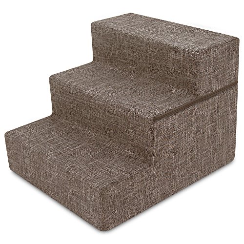 Best Pet Supplies Foldable Foam Pet Steps for Small Dogs and Cats, Portable Ramp Stairs for Couch, Sofa, and High Bed Climbing, Non-Slip Balanced Indoor Step Support, Paw Safe - Brown Linen, 3-Step