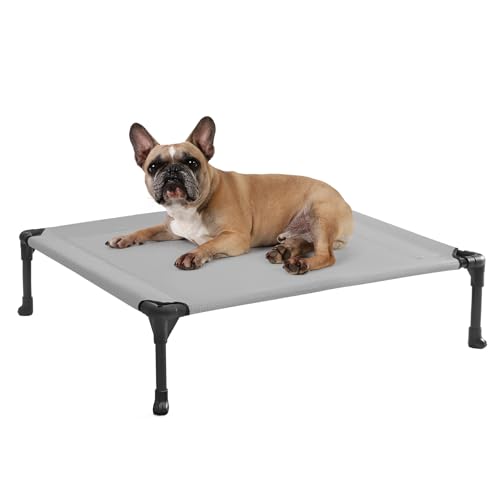 Veehoo Outdoor Elevated Dog Cot Bed, Cooling Raised Pet Bed for Medium Dogs, Washable Breathable Mesh Hammock Bed with No-Slip Feet, Indestructible Ground Off Training Platform Cot-32"x25" Grey