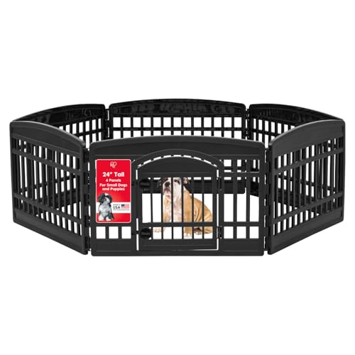 IRIS USA 24" 6-Panel Dog Playpen with Door, 61 x 61 x 24, Puppy Playpen, Dog Play Pen Indoors, Pet Fence, Puppies/Small Dogs, Black