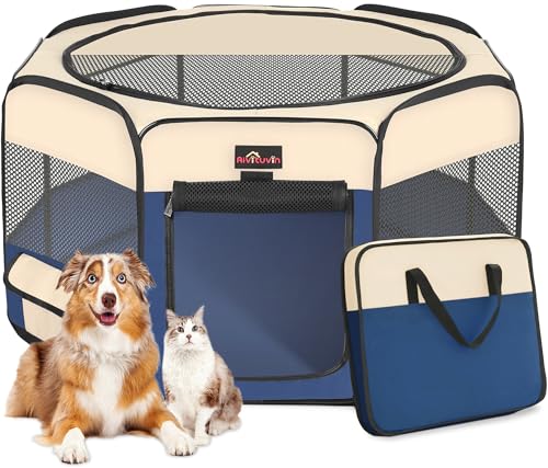 Aivituvin Dog Playpen, Foldable Pet Play Pens with Carrying Bag for Cat, Puppies, Rabbits, Portable Dog Tent Crates Cage for Travel Camping Indoor Outdoor, Removable Shade Cover, Blue L