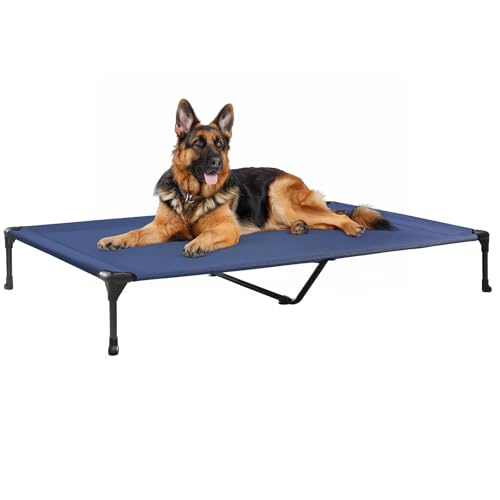 Veehoo Outdoor Elevated Dog Cot Bed, Cooling Raised Pet Bed for X-Large Dog, Washable Breathable Mesh Hammock Bed with No-Slip Feet, Indestructible Ground Off Training Platform Cot-49"x33" Blue