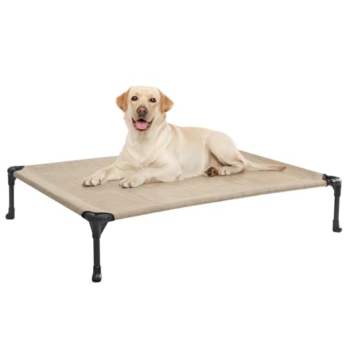 Veehoo Outdoor Elevated Dog Bed Large Sized Dogs, Large Cooling Raised Dog Cots Beds Training Platform Off Ground Hammock with Breathable Mesh, No-Slip Feet, 42"x30", Beige Coffee