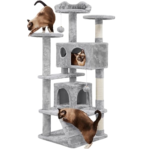 Yaheetech 54in Cat Tree Cat Tower w/Scratching Posts, Double Condos and Dangling Balls Kittens Pet House Play, Light Gray