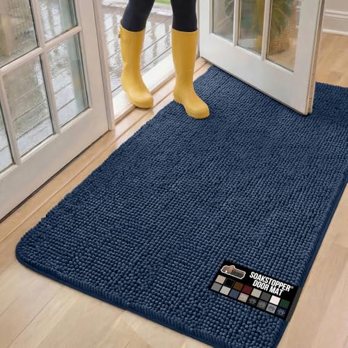 GORILLA GRIP Dog Doormat, Absorbent Doormats for Muddy Dogs Paws, 60x36 Machine Washable Soakstopper Rugs, Cleaner Floors, US Designed Pet Bed Door Mat, Indoor Entrance Pets Rug, Navy Blue