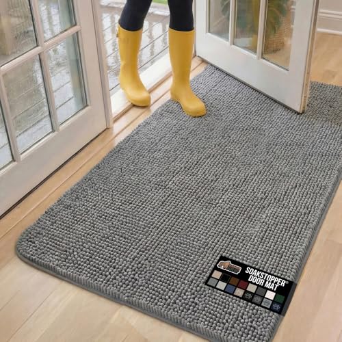 GORILLA GRIP Dog Doormat, Absorbent Doormats for Muddy Dogs Paws, 60x36 Machine Washable Soakstopper Rugs, Cleaner Floors, US Designed Pet Bed Door Mat, Indoor Entrance Pets Rug, Gray