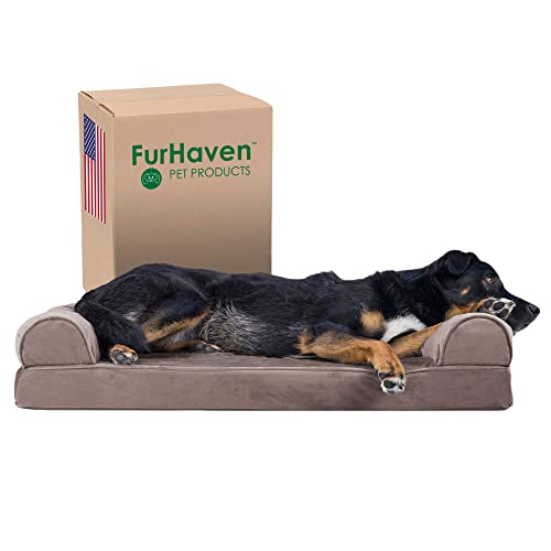 Furhaven Memory Foam Dog Bed for Large/Medium Dogs w/ Removable Bolsters & Washable Cover, For Dogs Up to 55 lbs - Faux Fur & Velvet Sofa - Driftwood Brown, Large