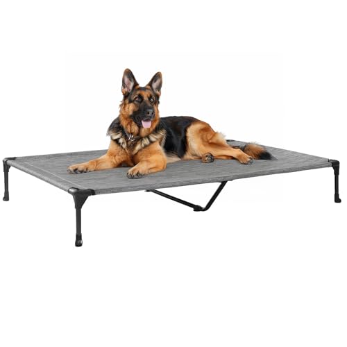 Veehoo Outdoor Elevated Dog Cot Bed, Cooling Raised Pet Bed for X-Large Dog, Washable Breathable Mesh Hammock Bed with No-Slip Feet, Indestructible Ground Off Training Platform Cot-49"x33"Black Silver