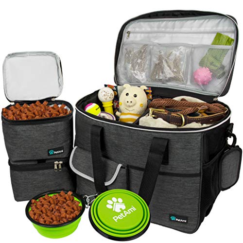 PetAmi Dog Travel Bag - Organizer with Food Container and Bowls, Supplies for Weekend Camping, Cat Diaper Bag (Charcoal, Large)
