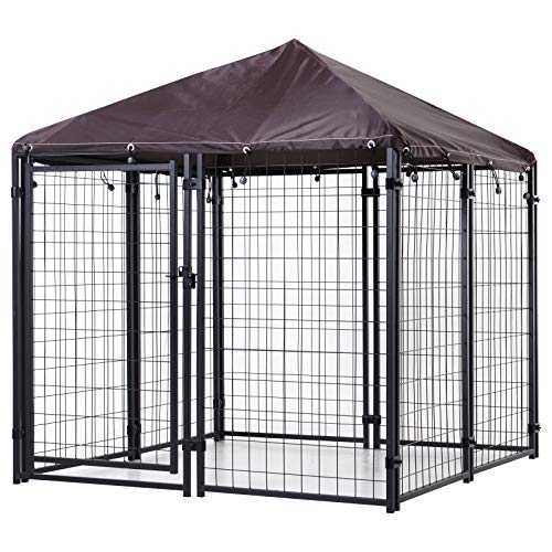 PawHut 4.6' x 4.6' x 5' Outdoor Dog Kennel, Welded Wire Dog Kennel Outside Run with Waterproof & UV Resistant Cover, for S&M Breeds, Chickens, Ducks, Black