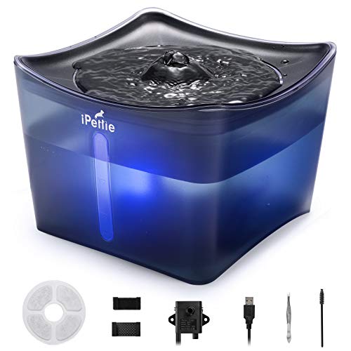iPettie Kamino Pet Water Fountain, 101oz/3L, Ultra-Quiet Automatic Cat Water Dispenser with LED Light & Water Level Window, Auto Power Off USB Pump & Dual Filters for Cats and Dogs, Black