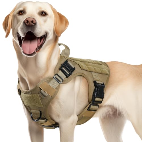 rabbitgoo Tactical Dog Harness Medium Sized, Heavy Duty Pet Harness with Handle, No-Pull Service Vest Medium Breed, Adjustable Military Dog Vest for Training Hunting Walking, Brown, M