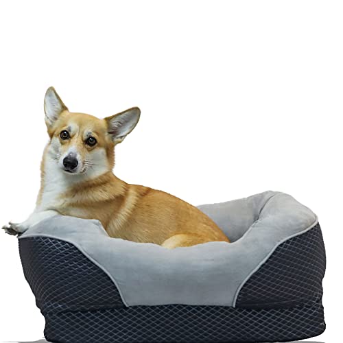 BarksBar Snuggly Sleeper Diamond Orthopedic Dog Bed Cat Bed with Foam Mattress, Plush Sleeping Space, and Soft Cotton Bolster Pillow, Small 26 x 20 Inches, Gray