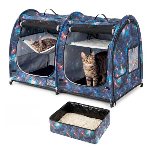 Mispace Portable Twin Compartment Show House Cat Cage/Condo - Easy to Fold & Carry Kennel - Comfy Puppy Home & Dog Travel Crate with Portable Carry Bag/Two Hammocks/Mats and Collapsible Litter Box