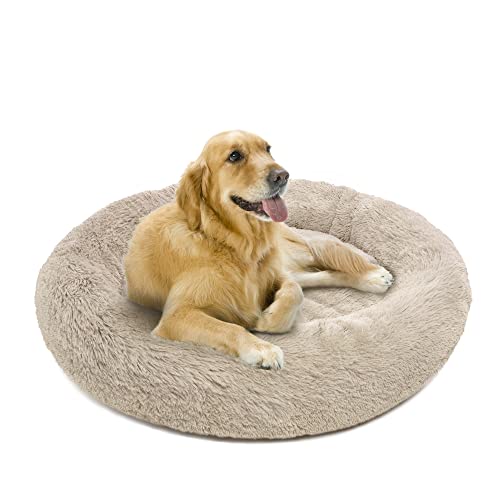 Friends Forever Donut Dog Bed Faux Fur Fluffy Calming Sofa For Large Dogs, Soft & Plush Anti Anxiety Pet Couch For Dogs, Machine Washable Coco Pet Bed with Non-Slip Bottom, 36"x36"x8" Tan