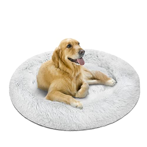 Friends Forever Donut Dog Bed Faux Fur Fluffy Calming Sofa For Large Dogs, Soft & Plush Anti Anxiety Pet Couch For Dogs, Machine Washable Coco Pet Bed with Non-Slip Bottom, 36"x36"x8" Ivory