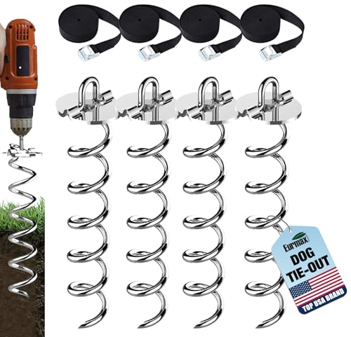 Eurmax USA 4-Pc Pack Spiral Stakes Heavy Duty Anchor Kit Ice Screw Anchor for Trampoline, Tents, tarps, Canopies,car Ports,Dog tie Out and etc Bonus Tie Down Straps 4-Pc Pack (Silver)