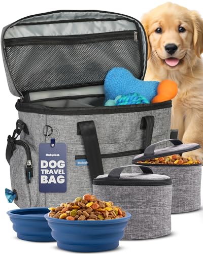 The Original Doggy BagTM - Complete Dog Travel Bag for Supplies with 2 BPA-Free Travel Dog Bowls & 2 Pet Food Containers - Traveling Kit for Road Trips, Camping, Weekend Away or Doggy Gift - Grey