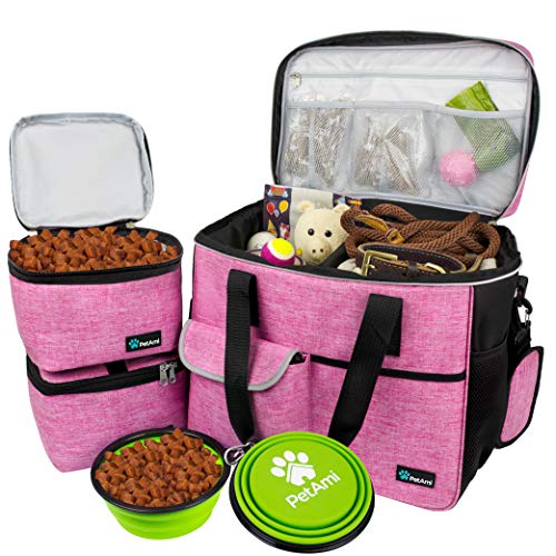 PetAmi Dog Travel Bag - Travel Pet Organizer with Food Container and Bowls, Perfect for Weekend Camping, Cat Diaper Bag (Pink, Large)
