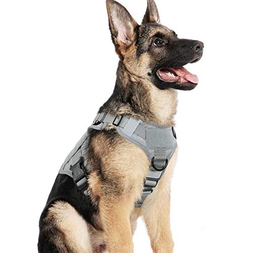rabbitgoo Tactical Dog Harness for Large, Heavy Duty Pet Harness with Handle, No-Pull Service Vest Large Breed, Adjustable Military Dog Vest for Training Hunting Walking, Grey, L