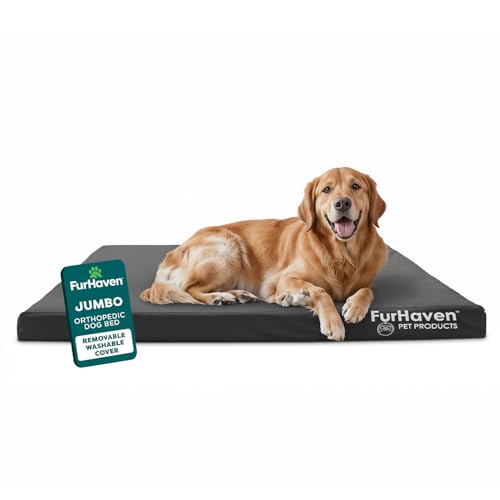 Furhaven Water-Resistant Orthopedic Dog Bed for Large Dogs w/ Removable Washable Cover, For Dogs Up to 95 lbs - Indoor/Outdoor Logo Print Oxford Polycanvas Mattress - Stone Gray, Jumbo/XL