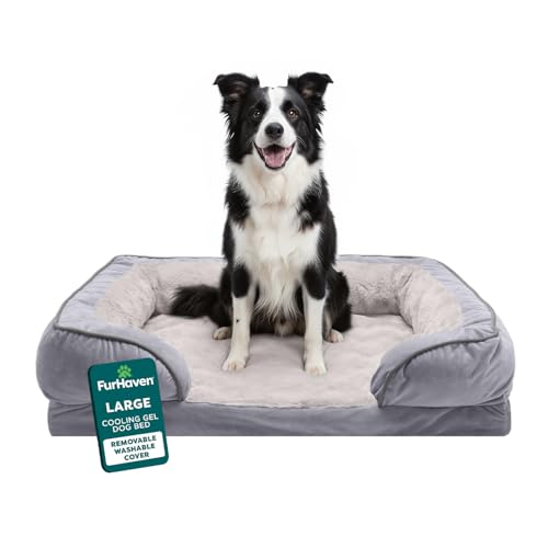 Furhaven Cooling Gel Dog Bed for Large/Medium Dogs w/ Removable Bolsters & Washable Cover, For Dogs Up to 55 lbs - Plush & Velvet Waves Perfect Comfort Sofa - Granite Gray, Large