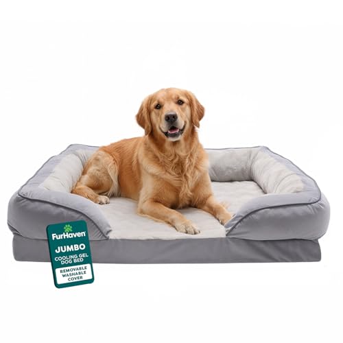 Furhaven Cooling Gel Dog Bed for Large Dogs w/ Removable Bolsters & Washable Cover, For Dogs Up to 95 lbs - Plush & Velvet Waves Perfect Comfort Sofa - Granite Gray, Jumbo/XL, 40.0"L x 32.0"W x 9.5"Th