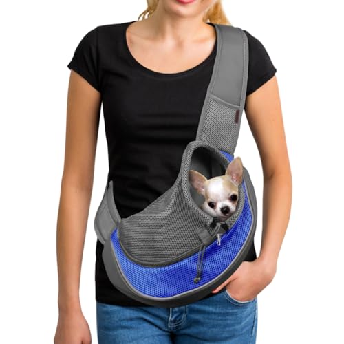 YUDODO Pet Sling Carrier for Small Dogs & Cats  Hands-Free Puppy Carrier with Safety Hook, Large Zipper Pocket, Soft Breathable Mesh, Adjustable Strap & Reflective Strip (Blue 1.0 L)
