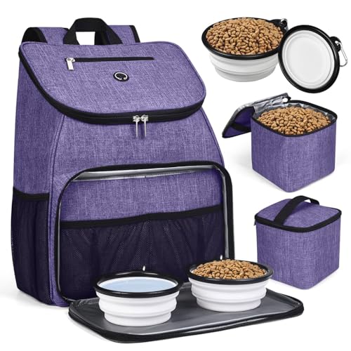 BAGLHERDog Travel Bag, Airline Approved Pet Supplies Backpack, Dog Travel Backpack Accessories Set with 2 Silicone Collapsible Bowls and 2 Food Baskets. Purple