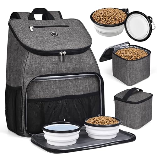 BAGLHERDog Travel Bag, Airline Approved Pet Supplies Backpack, Dog Travel Backpack Accessories Set with 2 Silicone Collapsible Bowls and 2 Food Baskets, Gray