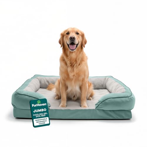 Furhaven Cooling Gel Dog Bed for Large Dogs w/ Removable Bolsters & Washable Cover, For Dogs Up to 95 lbs - Plush & Velvet Waves Perfect Comfort Sofa - Celadon Green, Jumbo/XL, 40.0" x 32.0"x 9.5"