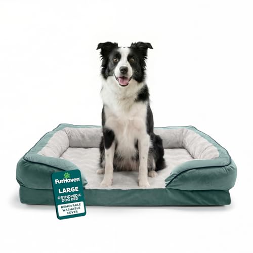 Furhaven Orthopedic Dog Bed for Large/Medium Dogs w/ Removable Bolsters & Washable Cover, For Dogs Up to 55 lbs - Plush & Velvet Waves Perfect Comfort Sofa - Celadon Green, Large