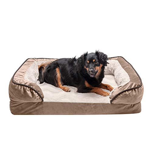 Furhaven Cooling Gel Dog Bed for Medium/Small Dogs w/ Removable Bolsters & Washable Cover, For Dogs Up to 35 lbs - Plush & Velvet Waves Perfect Comfort Sofa - Brownstone, Medium