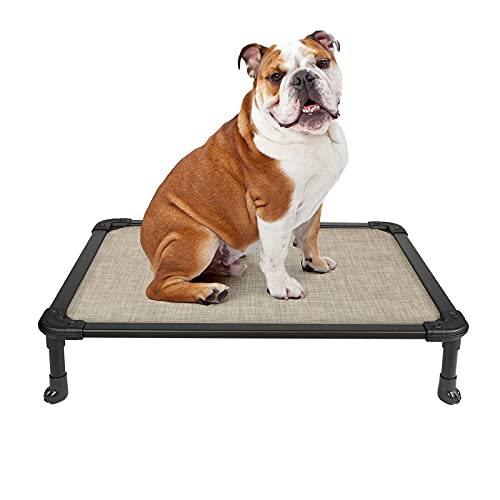 Veehoo Chew Proof Elevated Dog Bed - Cooling Raised Pet Cot - Rustless Aluminum Frame and Durable Textilene Mesh, Unique Designed No-Slip Feet for Indoor or Outdoor Use, Beige Coffee, Medium