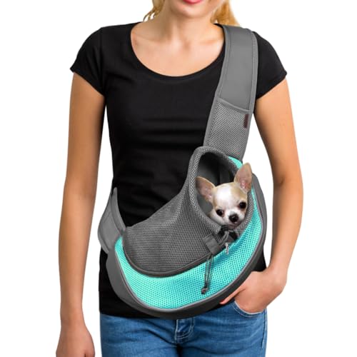 YUDODO Pet Sling Carrier for Small Dogs & Cats  Hands-Free Puppy Carrier with Safety Hook, Large Zipper Pocket, Soft Breathable Mesh, Adjustable Strap & Reflective Strip (Cyan 1.0 L)