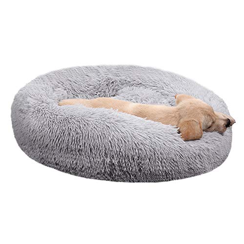 BODISEINT Faux Fur Dog Bed, Shag Round Anti-Anxiety Pet Calming Doughnut Cuddler for Medium Large Puppy Dog Cat Kennel Cushion - Self Warming (28'' D x 8" H, Light Grey)