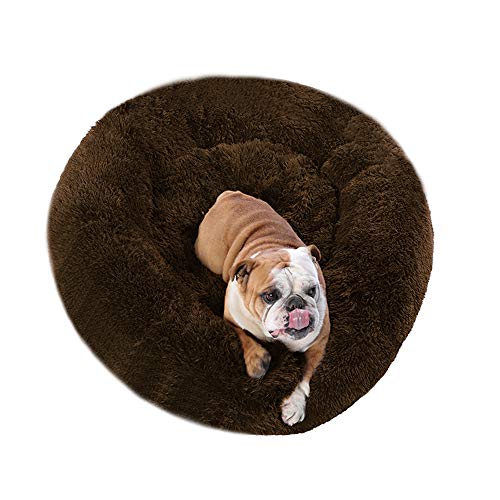 BODISEINT Faux Fur Dog Bed, Shag Round Anti-Anxiety Pet Calming Doughnut Cuddler for Medium Large Puppy Dog Cat Kennel Cushion Self Warming Bed (28'' D x 8'' H, Chocolate)