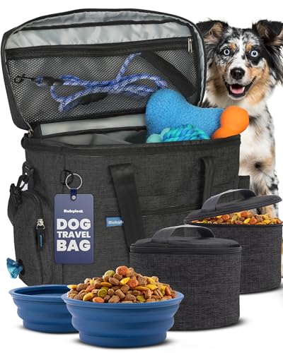 The Original Doggy BagTM - Complete Dog Travel Bag for Supplies with 2 BPA-Free Travel Dog Bowls & 2 Pet Food Containers - Traveling Kit for Road Trip, Camping, Weekend Away or Doggy Gift - Charcoal