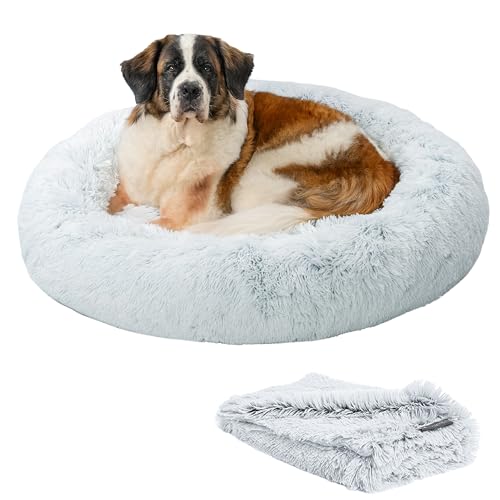 Best Friends by Sheri Bundle Set The Original Calming Shag Donut Cuddler Cat and Dog Bed + Pet Throw Blanket, Frost, Extra Large, 45x45