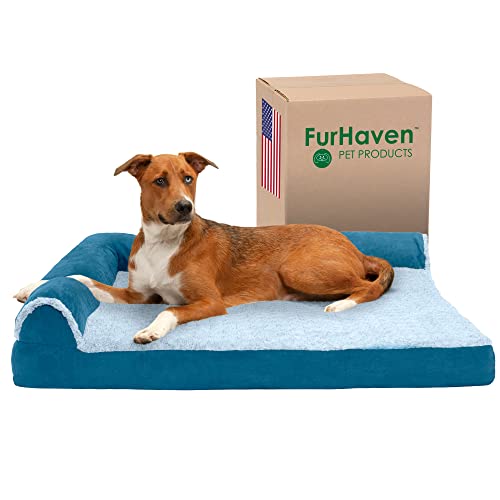 Furhaven Cooling Gel Dog Bed for Large Dogs w/ Removable Bolsters & Washable Cover, For Dogs Up to 95 lbs - Two-Tone Plush Faux Fur & Suede L Shaped Chaise - Marine Blue, Jumbo/XL