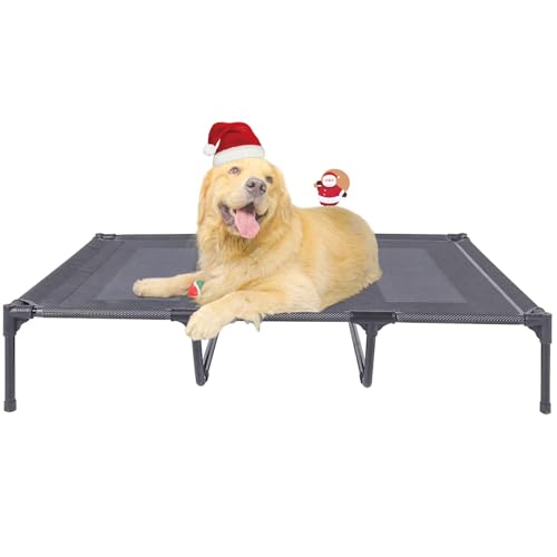 Suddus Elevated Dog Bed for Large Dogs 140lb, Breathable Cooling Raised Dog Cot with Dual Support Bars & Metal Frame, No-Slip Feet, Waterproof Pet Bed for Indoor/Outdoor, X-Large, 48 * 36 * 9in, Grey