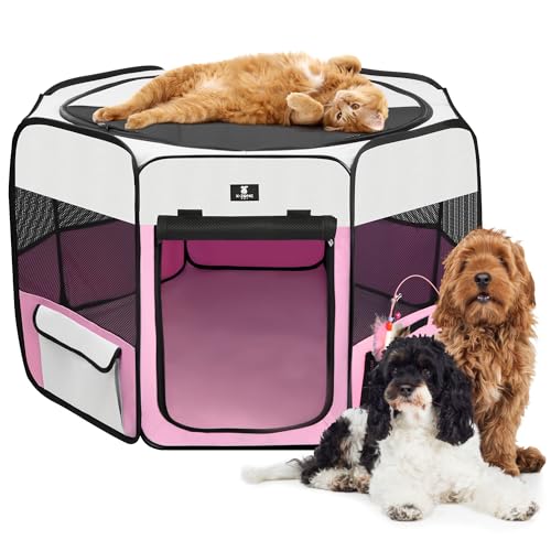 X-ZONE PET Portable Foldable Pet Dog Cat Playpen Crates Kennel/Premium 600D Oxford Cloth,Removable Zipper Top, Indoor and Outdoor Use (XL, Pink)