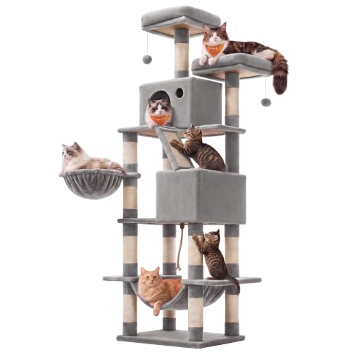 Feandrea Cat Tree, 81.1-Inch Large Cat Tower with 13 Scratching Posts, 2 Perches, 2 Caves, Basket, Hammock, Pompoms, Multi-Level Plush Cat Condo for Indoor Cats, Light Gray UPCT190W01