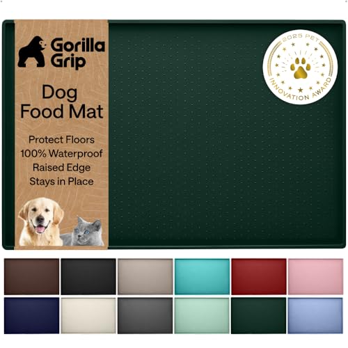 GORILLA GRIP 100% Waterproof Raised Edge BPA Free Silicone Pet Feeding Mat, Dog Cat Food Mats Contain Spills Protects Floors, Placemats for Cats and Dogs Water Bowl, Pets Accessories 28x18 Green
