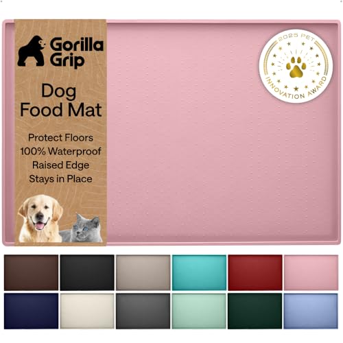 GORILLA GRIP 100% Waterproof Raised Edge BPA Free Silicone Pet Feeding Mat, Dog Cat Food Mats Contain Spills Protects Floors, Placemats for Cats and Dogs Water Bowl, Pets Accessories 28x18 Pink