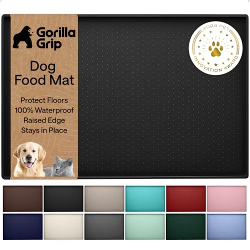 GORILLA GRIP 100% Waterproof Raised Edge BPA Free Silicone Pet Feeding Mat, Dog Cat Food Mats Contain Spills Protects Floors, Placemats for Cats and Dogs Water Bowl, Pets Accessories 28x18 Black
