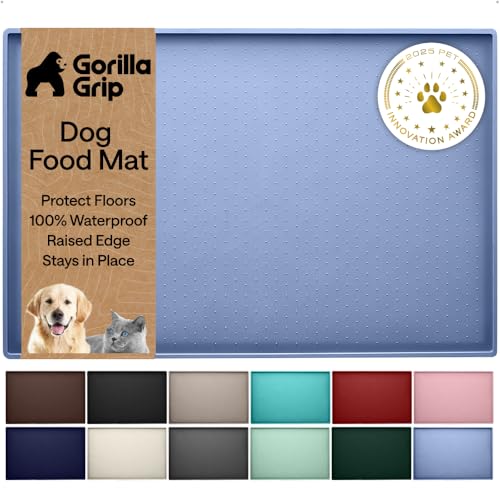 GORILLA GRIP 100% Waterproof Raised Edge BPA Free Silicone Pet Feeding Mat, Dog Cat Food Mats Contain Spills Protects Floors, Placemats for Cats and Dogs Water Bowl, Pets Accessories 28x18 Blue