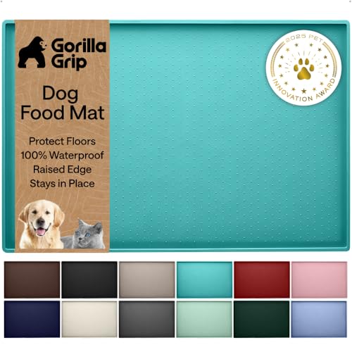 GORILLA GRIP 100% Waterproof Raised Edge BPA Free Silicone Pet Feeding Mat, Dog Cat Food Mats Contain Spills Protects Floors, Placemats for Cats and Dogs Water Bowl, Pets Accessories 28x18 Turquoise